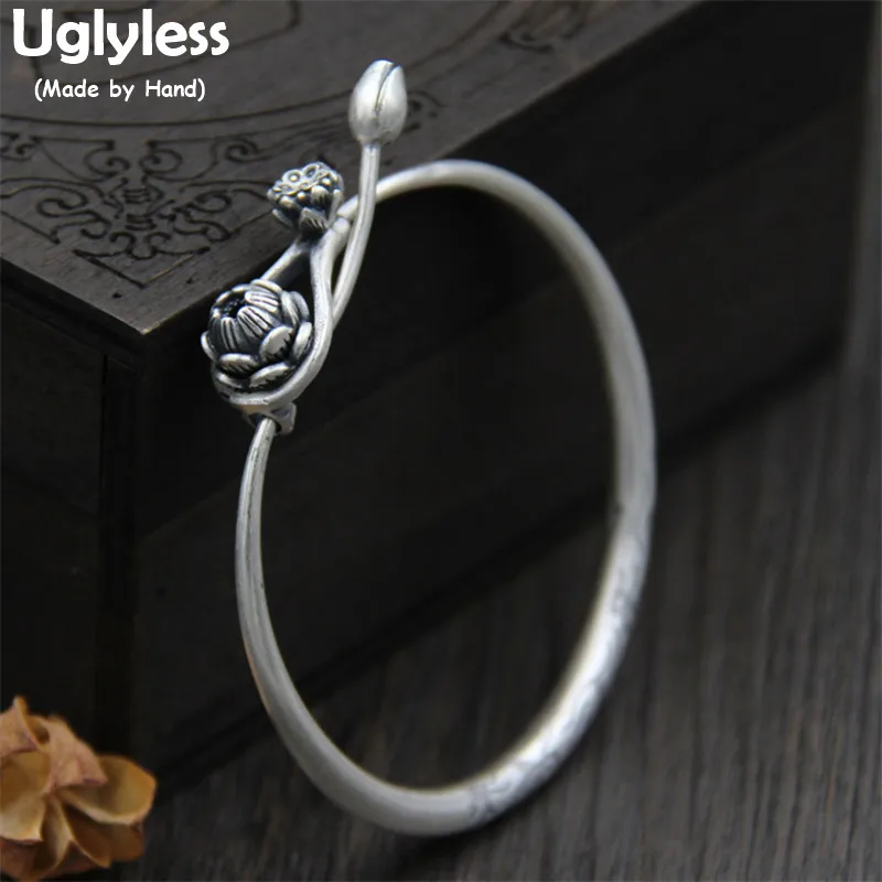 

Uglyless Real S999 Silver Fine Jewelry for Women Ethnic Handmade Lotus Bangles Openable Design Flower Retro Bangle Carved Bijoux