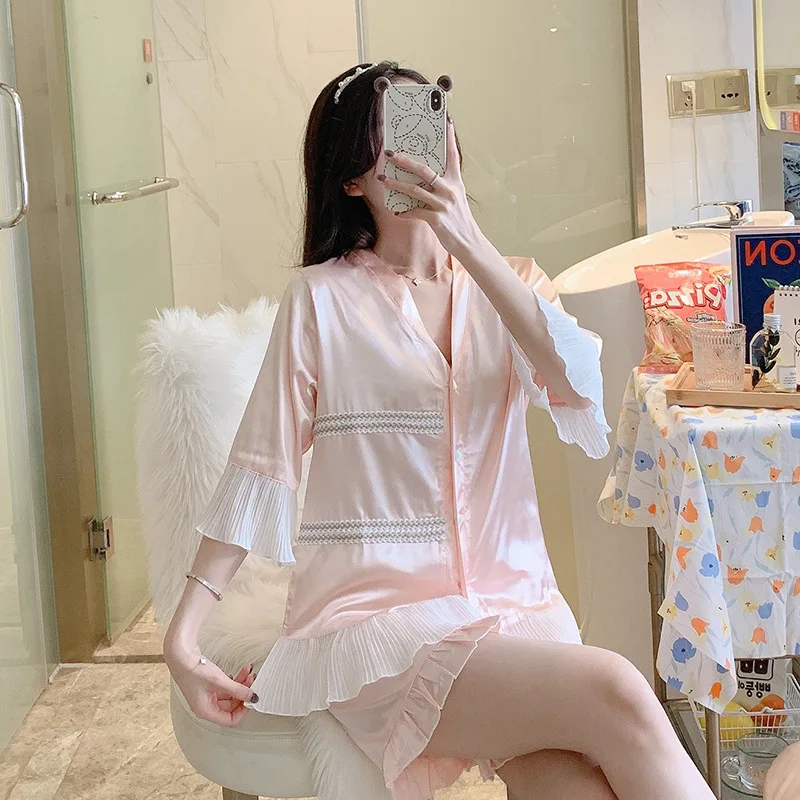 2021 Summer New South Korea Ice Silk Matte Silk Shorts Pajamas Women's 2Pcs Suit Comfortable Home Clothes Sleepwear Nightwear