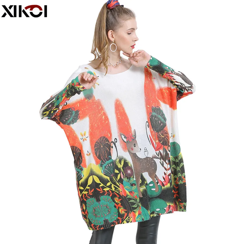 XIKOI Winter Oversized Sweaters For Women Warm Long Pullover Dresses Fashion Cute Deer Print Jumper Knitted Pull Femme | Женская одежда