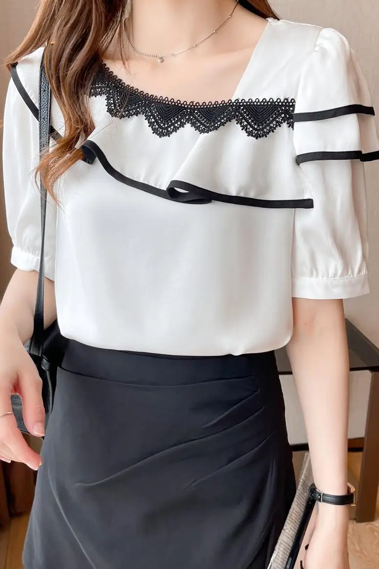 

COIGARSAM Short Sleeve blouse women New Summer Chiffon blusas womens tops and blouses White 8307