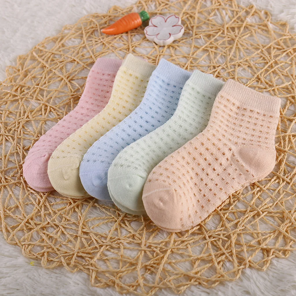 

5 Pairs/lot Summer Spring Baby Socks Thin Mesh Cotton Kids Socks Lovely Macaron Solid Colors Waffle Parttern Girls Boys Socks