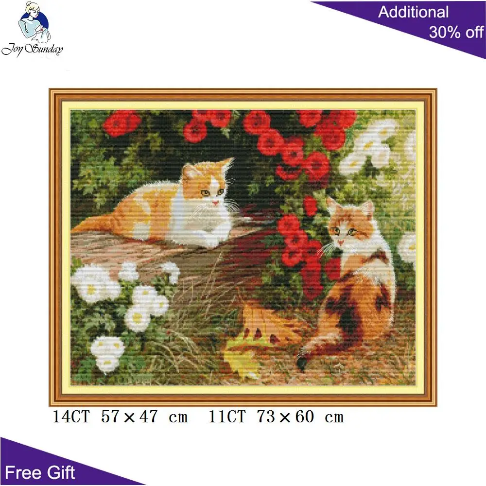 

Joy Sunday Kitten In The Garden DA448 14CT 11CT Counted and Stamped Home Decor Cats And Flowers Embroidery DIY Cross Stitch kits