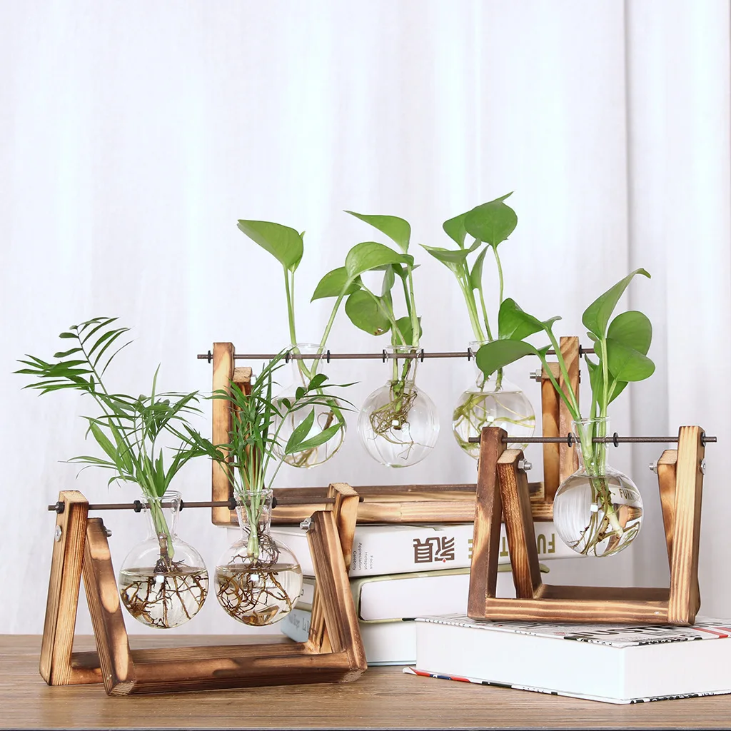 

Terrarium Creative Hydroponic Plant Transparent Vase Wooden Frame vase decoratio Glass Tabletop Plant Bonsai Decor flower vase