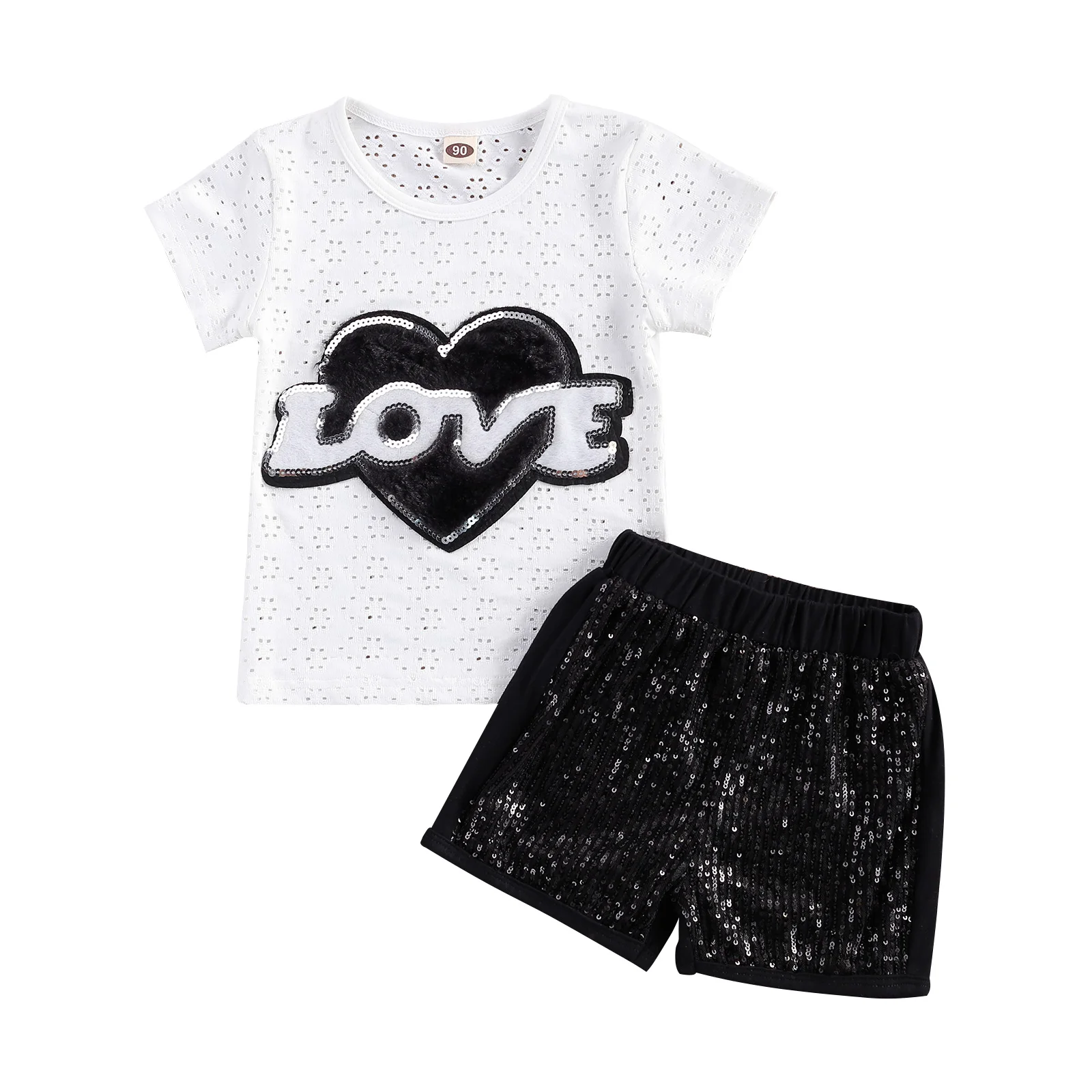 

Fashion 2-7 Years Kid's Girl Sequin Two Pieces Suit, Short Sleeve Round Neck Tops and Solid Color Sequin Shorts for Summer