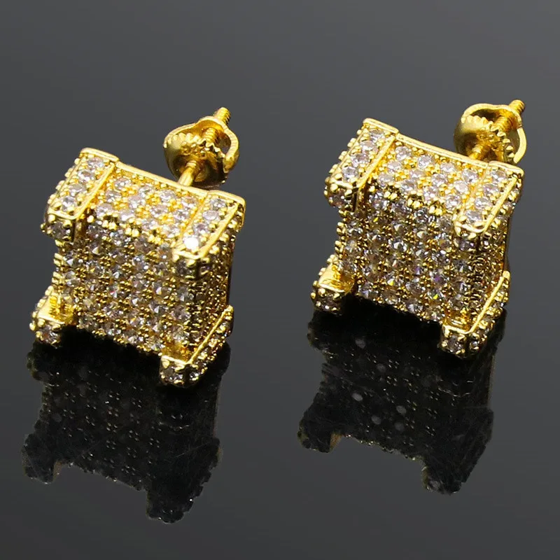 

Gold Plated Bling Iced Out Cubic Zircon Micropave Square Earring Stud For Men & Women Hip Hop Jewelry New Fashion