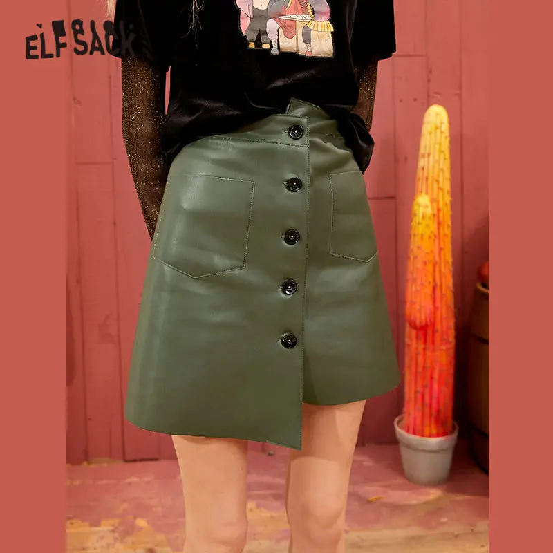ELFSACK зеленая однотонная винтажная сексуальная юбка из искусственной кожи на