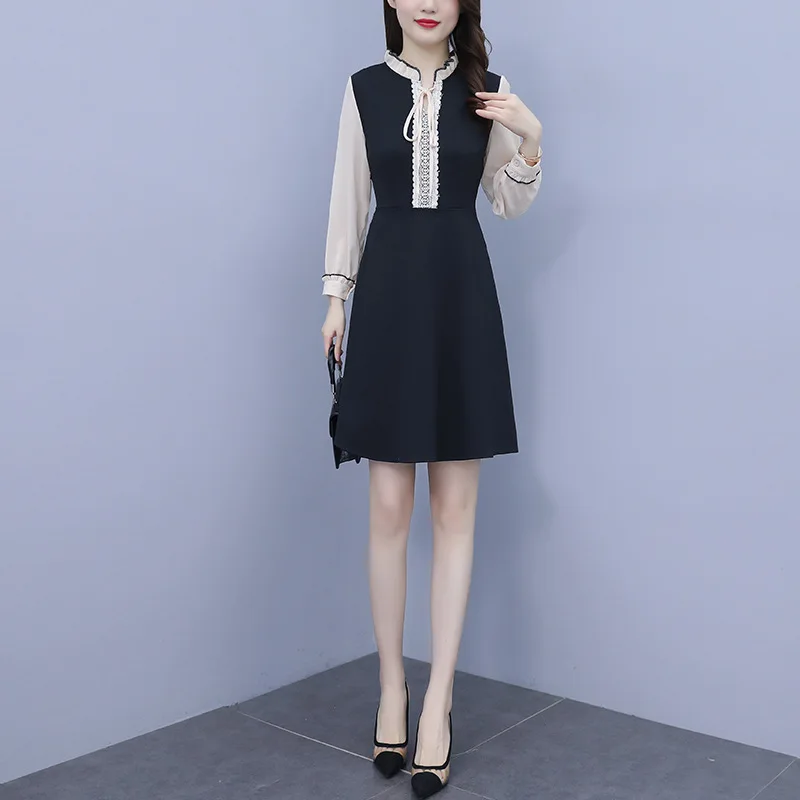 

Large size dress female summer new style stand-up collar temperament commuter ol waist slimming A-line mid-length skirt