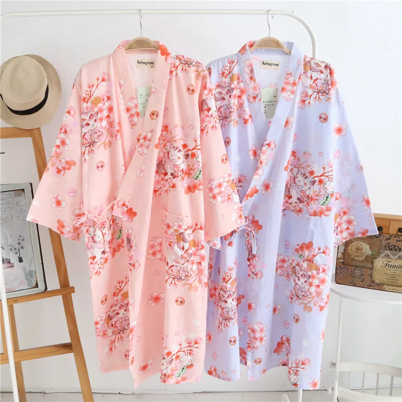 

Loose Nightgown Cotton Double Gauze Cute Printed Kimono Bathrobe Pajamas Home Wear Nightdress Sexy Night Gowns Sexy пижама