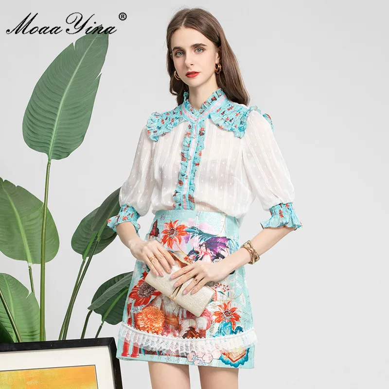 

MoaaYina Fashion Designer Summer Elegant Blue Skirt Suit Women's Polka dot Half sleeve Shirts and Floral Skirts 2 Pieces Set