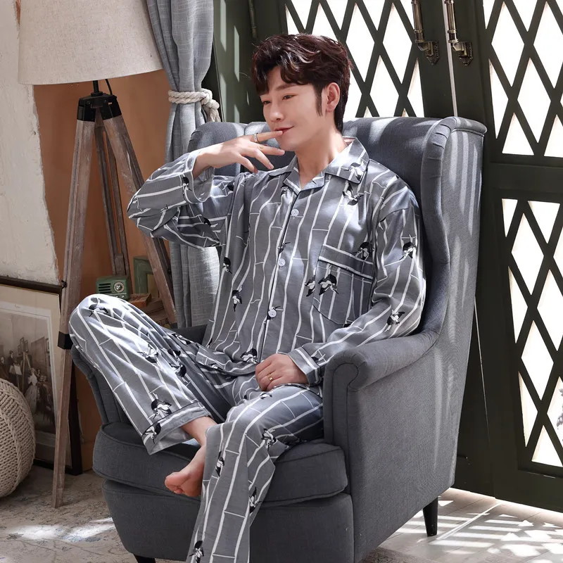 Men's Pajamas Sets Long-sleeved Spring and Autumn Plus Fat Plus Size Cotton Home Service Suit Sleepwear Male Pajamas pijama