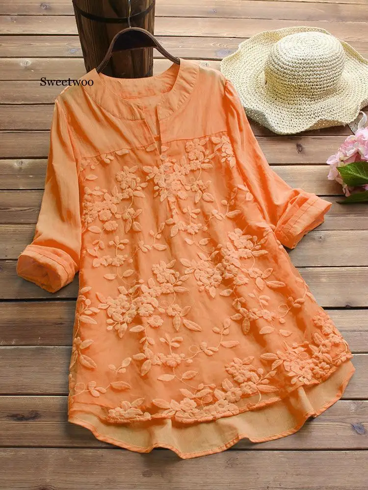 Cotton Linen Tops Women Blouse Elegant V Neck Long Sleeve Shirt Casual Autumn Lace Shirts Vintage Embroidery Blusas