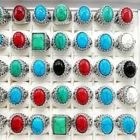 fashion 20 pcslot natural gem pine stone rings band charm big size mixed style antique silvery vintage party jewelry gifts
