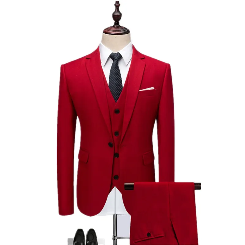 

Men's suit men's red slim business dress suit three-piece suit (jacket + pants + vest) men's fashion casual suit