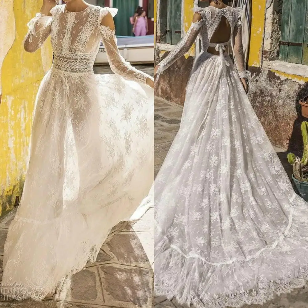 

Кружевное пляжное свадебное платье в стиле бохо, винтажное кружевное свадебное платье с длинным рукавом, сексуальное богемное платье с отк...