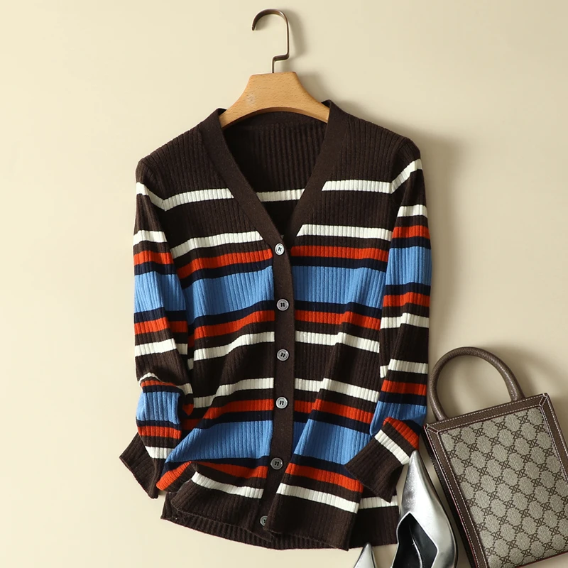 

New Korean V-Neck Stripe Long Sleeve Knitted Cardigan In Spring And Autumn 2021 Thin Fashionable Women'S Sweater