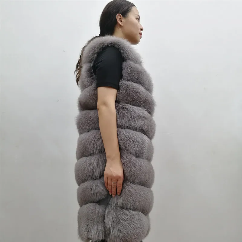 Жилет женский из натурального синего лисьего меха плотный без рукавов зимний 2019 |
