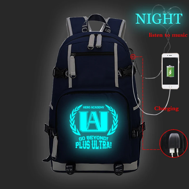 

Luminous Travel Backpack My Hero Academia Women Men Backpacks Usb Charging Daily Daypack Teenager Canvas Back Pack Laptop Bags