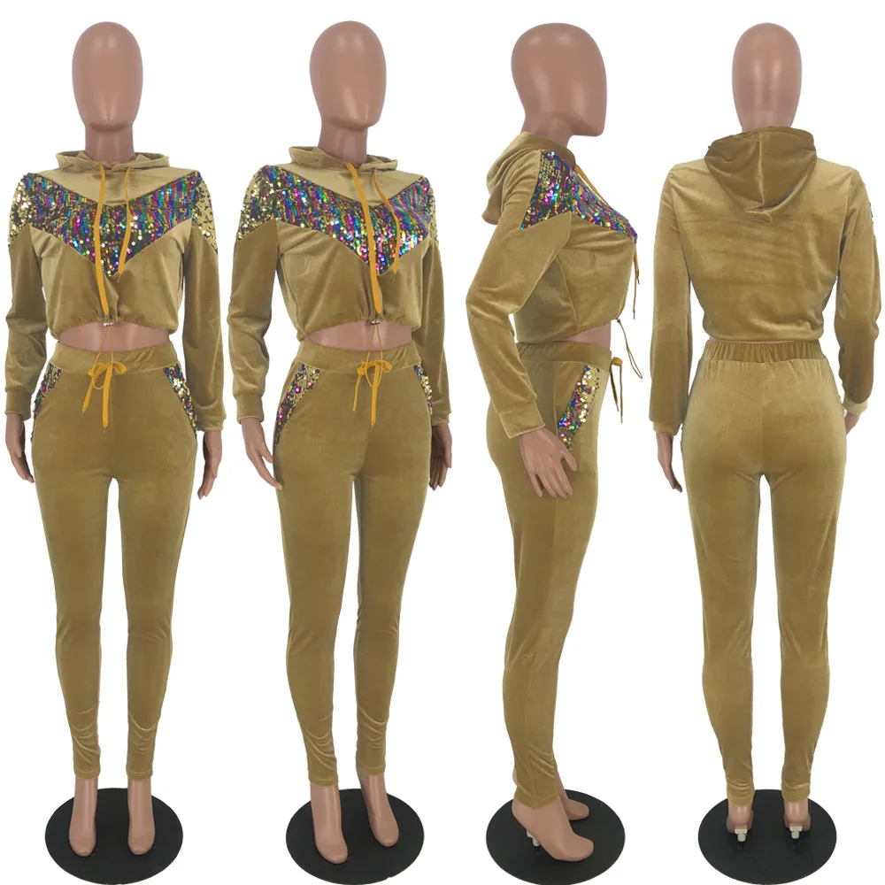 

Fashion women's sequined trousers and velvet two-piece suit