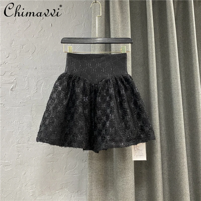 

Korean Style Fashion Women's Clothing 2021 Autumn Black Puff Short Skirt Flower Fimbrilla High Waist Slimming A- Line Skirts