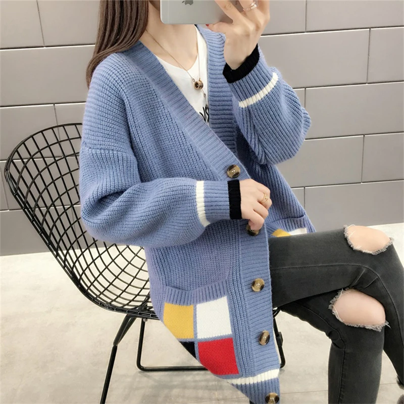 

Женский длинный вязаный кардиган, свободный свитер с V-образным вырезом и рукавами-фонариками, осень 2020