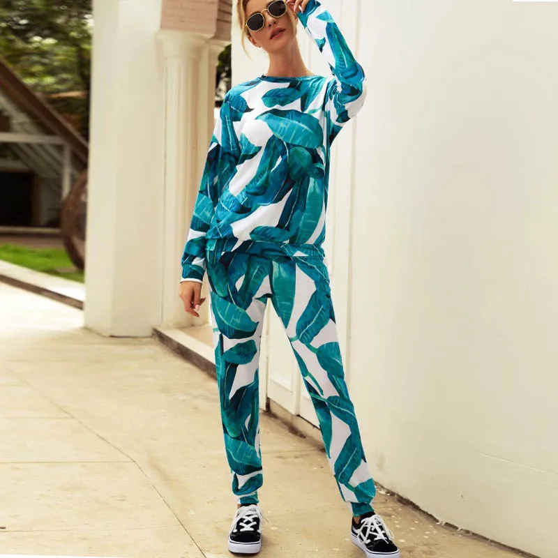 leaf Knowing me New Spring Floral print Tracksuit set women Autumn Animals Plant Print long sleeve hoodies Sweatshirt 2Pcs sets - Цвет: leaf