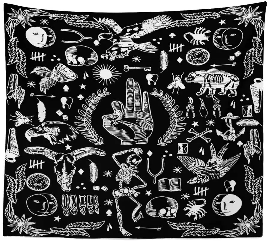 

Skull Meditation Hand Tapestry Chakra Starry Black White Stars Moon Phase Tarot Blanket For Boho Decoration Home Decor