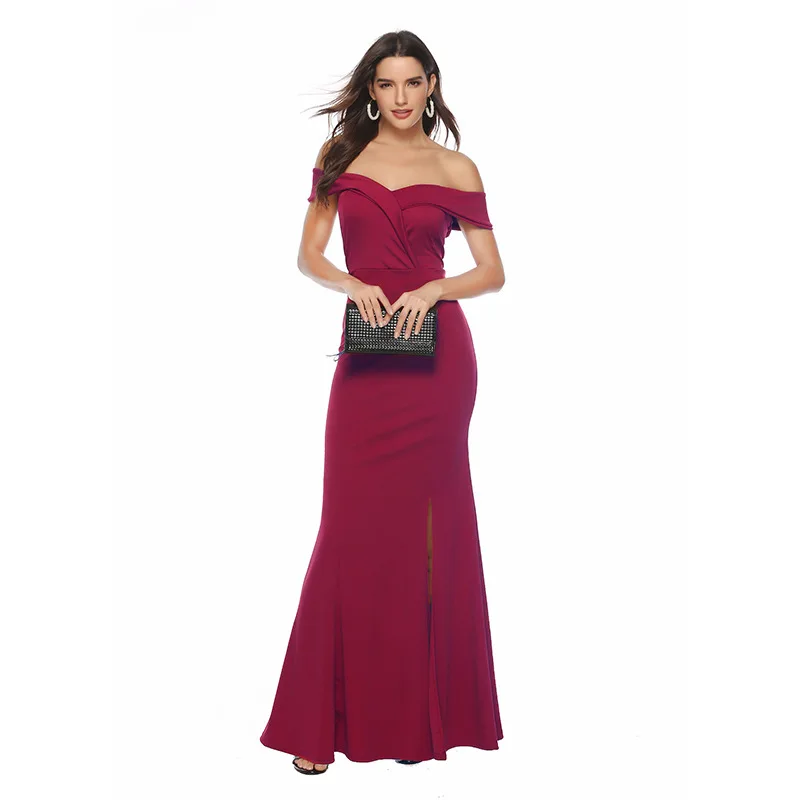 

Women Elegant Party Evening Maxi Dress Casual Ladies V Neck Off Shoulder Strapless High Waist Floor Length Split Long Dress