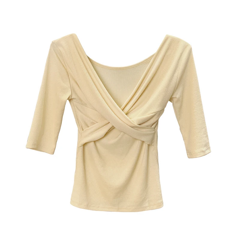 

2021 Spring and Summer New Sexy Cross V-neck off-Shoulder Slim-Fit Figure Flattering Pleated Bottoming Knitwear T-shirt Top for