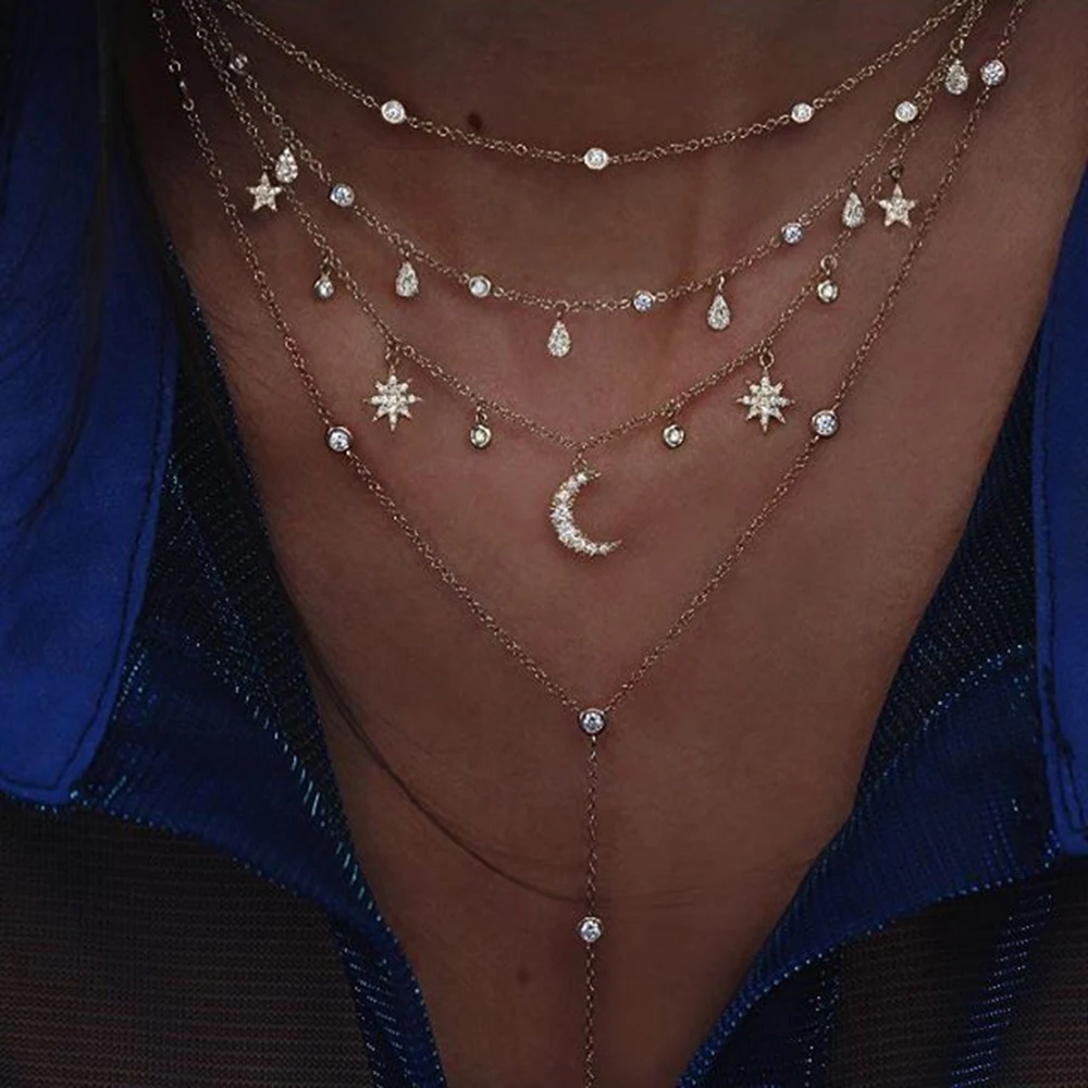 

Boho Multi-element Crystal Necklaces For Women Fashion Gold Necklace Vintage Multiple Layers Pendant Necklace Jewelry Gift