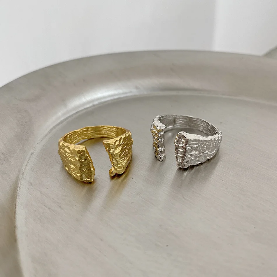 

Real S925 Sterling Silver Ring Irregular Surface Gold Silver Open Band for Lovers Daily Wear Adjustable Rings In 925 Silver