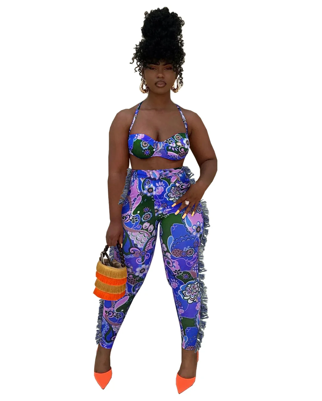 

SSEURAT Women Set Print Sleeveless Bandage Halter Backless Crop Tops Tassel Pencil Pants Two 2 Piece Sets Sexy Outfit Summer