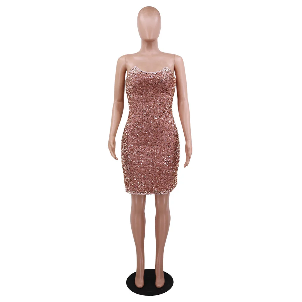 

Bodycon Sequins Mini Strapless Dress Sexy Backless Package Hip Dresses For Women Party Night Club 2021 Summer Tight Fitted