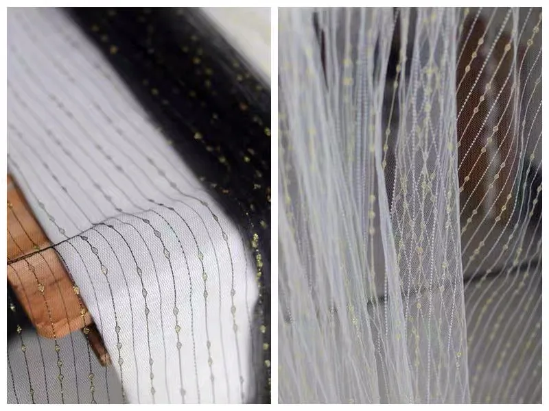 Черная сетчатая кружевная ткань вышитые золотые полосы кружево в горошек белая