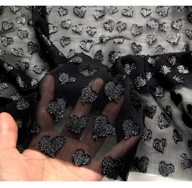 

140cm×100cm right silk chiffon black shining bright silk three-dimensional love jacquard chiffon fabric dress high grade fabric