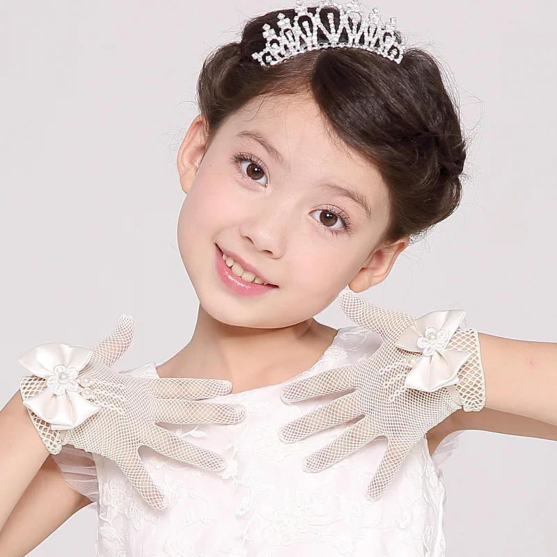 Lace-studded children's wedding flower girl dress gloves fingerless girls show dance gloves decoration