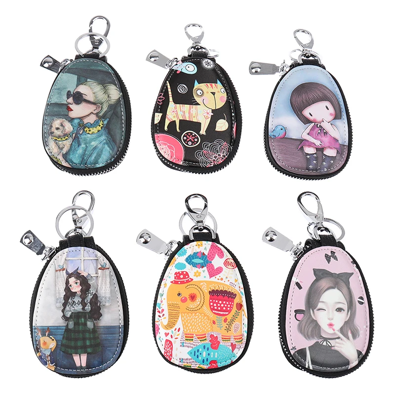 

Painted Design PU Keychain Pouch Women Keyrings Wallet Organizer Holders Storage Bag Housekeepers Car Key Holder Case Coin Purse