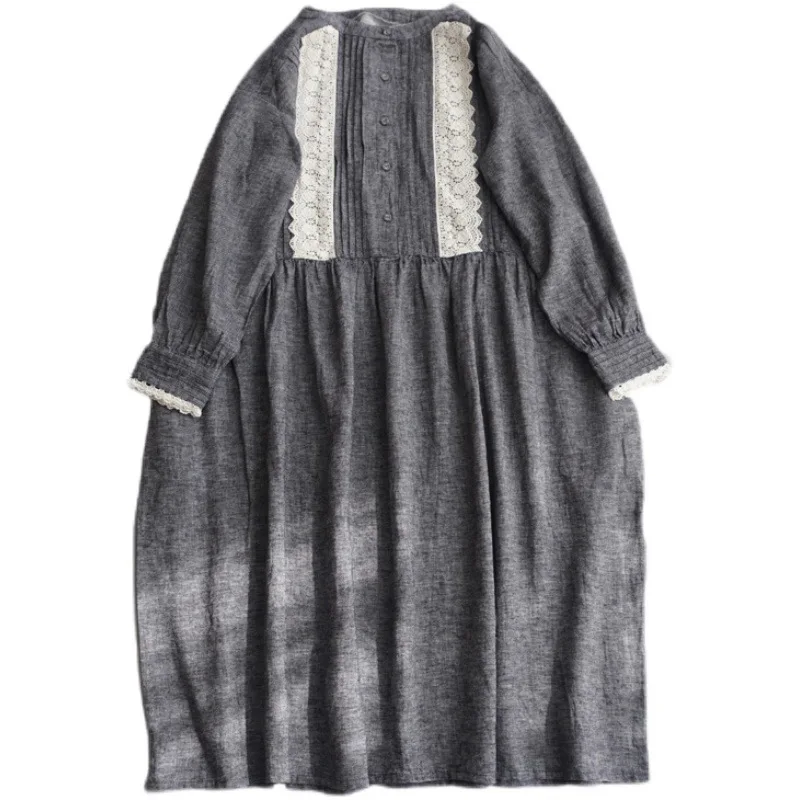 

Cotton Linen Accordion Pleated Dress Mori Girl Japanese Loose Stand-Up Collar Large Hem A-Line Long Dress Spring