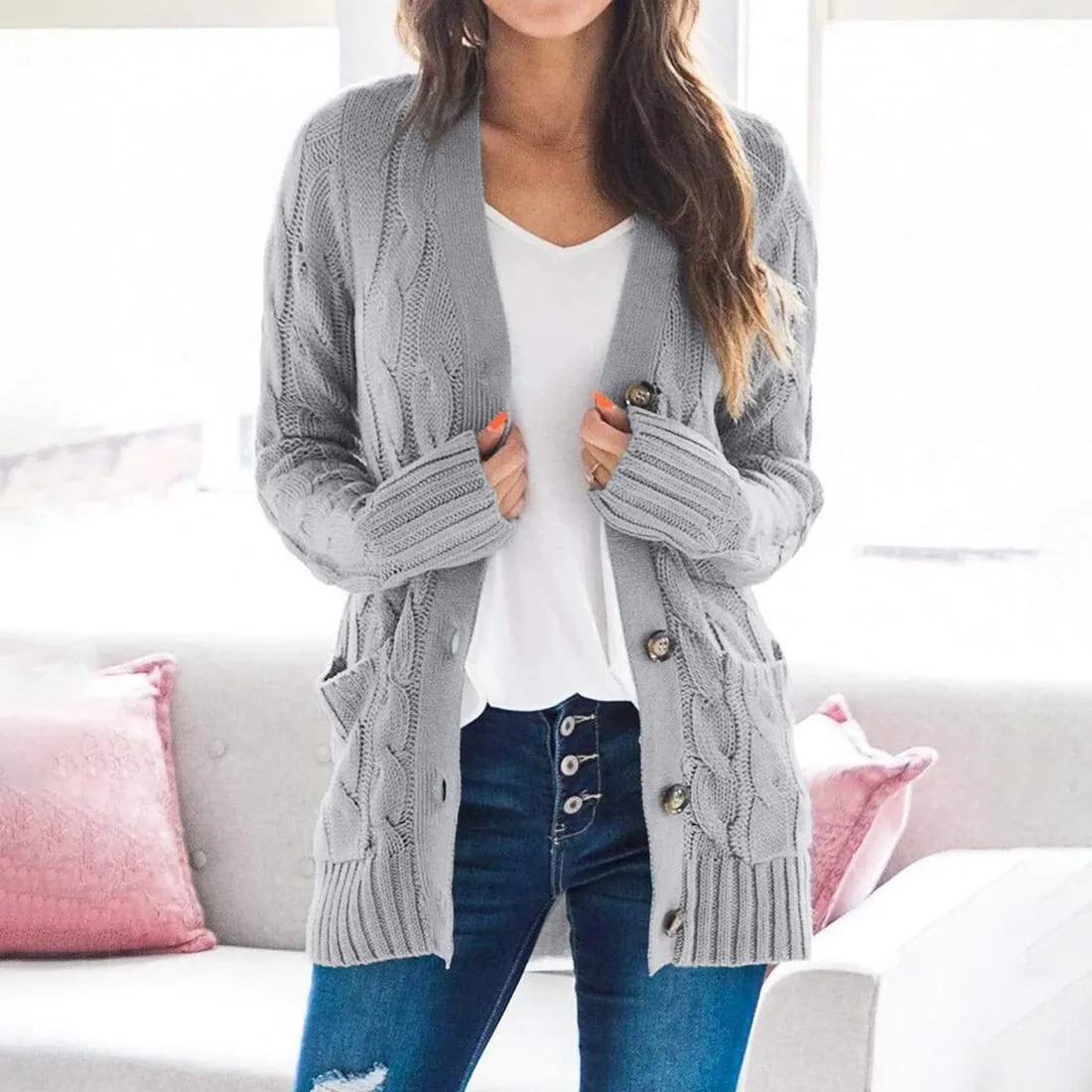 

Autumn Winter Candy Color Knitted Cardigan Long Sleeve Women Sweaters Loose Knit Sweater Coat Pocket Casual Jumper Top Dropship