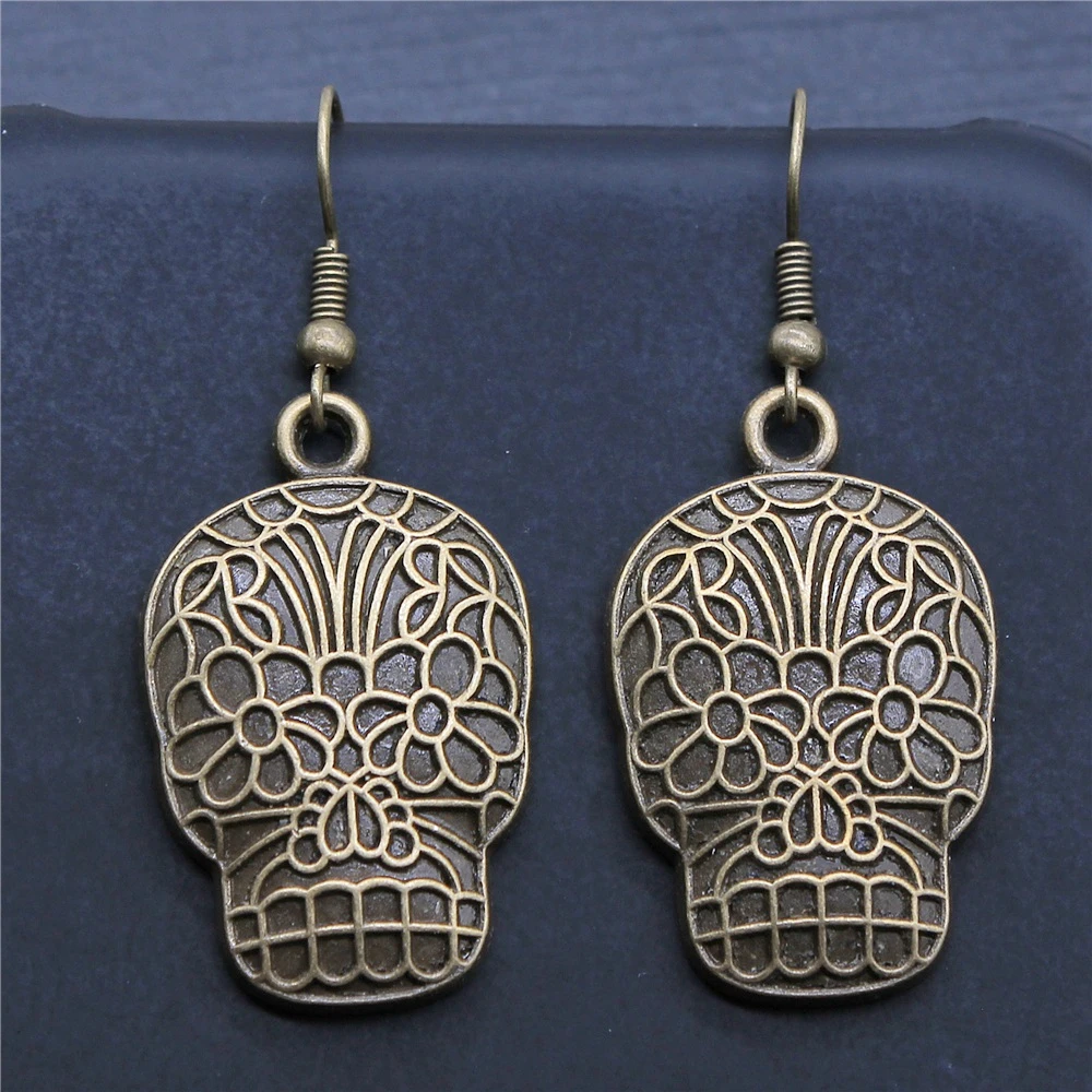 Винтаж 2 Цвета 32x20 мм гравировка череп голова очаровывает серьги подходят для