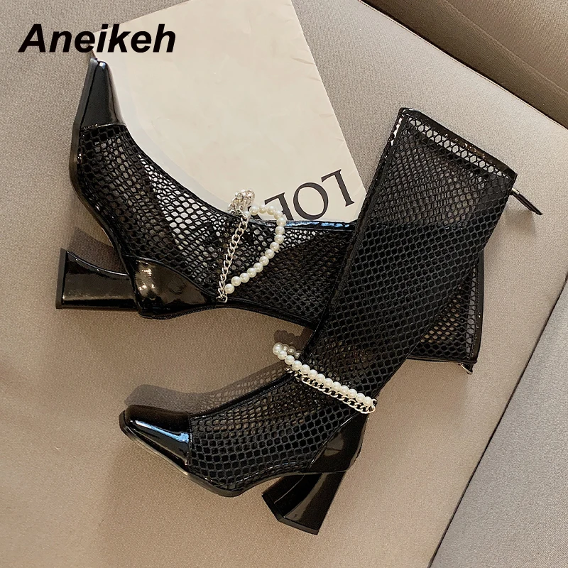 

Женские босоножки Aneikeh, сапоги 2021, летняя модная трендовая сетчатая обувь на высоком каблуке с бусинами и металлическим украшением, сапоги д...