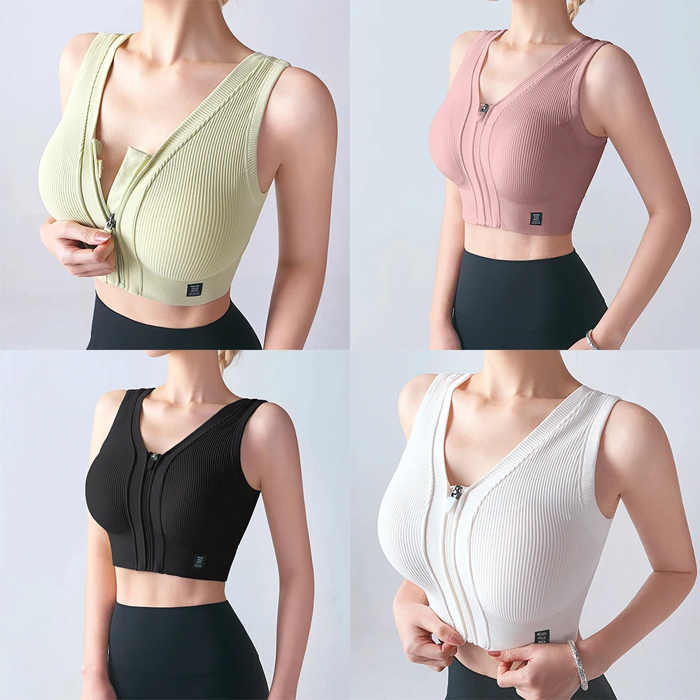 Sexy Active Bra for Women V-neck Push Up Front Zipper Fitness Cropped Top Lingerie for Yoga Running Workout Gym Bralette