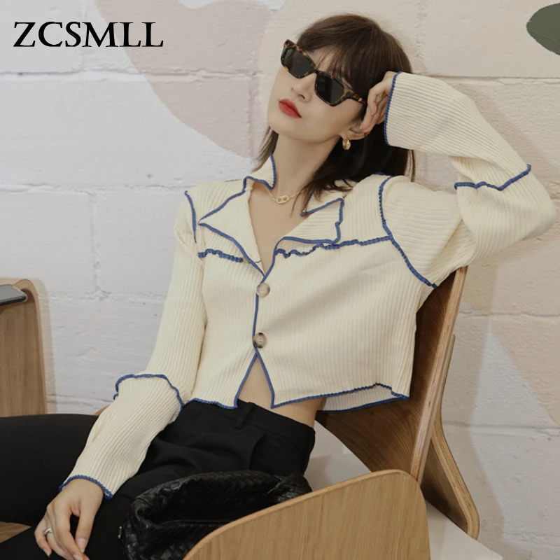 

Укороченный кардиган ZCSMLL с контрастной строчкой, женский кардиган на пуговицах с длинным рукавом, свитер, топ в рубчик, корейская мода J011