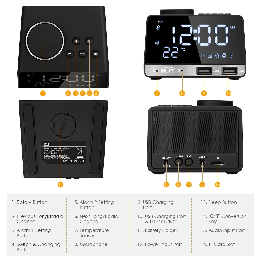 Bluetooth-Колонка K11 FM-радио будильник с USB светодиодные цифровые часы портативный