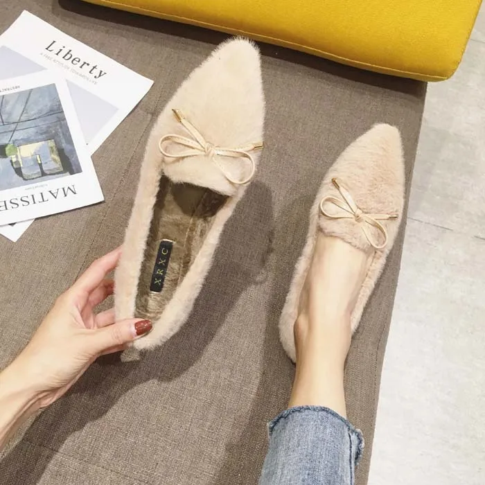 С Острым носком и бантиком на меху женские туфли плоской подошве Популярные