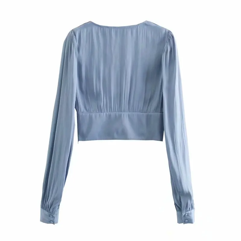 

2021 ZA Summer Women Blouse Solid Lantern Sleeve Shirt Office Lady Female V-neck Loose Thin Top Single Breasted Blouse