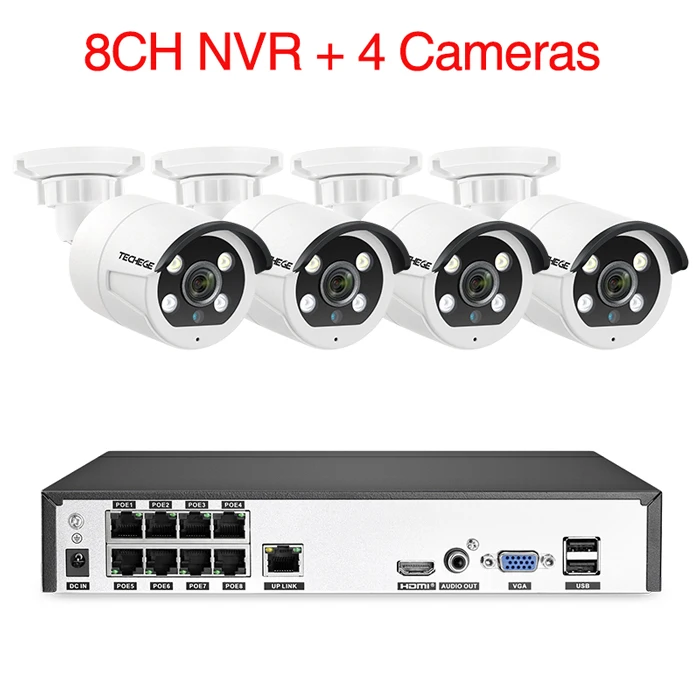 8CH NVR (4Cameras) Techege 8CH 2MP POE AI камера s система двусторонней аудио обнаружения человека Металл водонепроницаемый открытый видео камера CCTV камера система - Цвет: 8CH NVR (4Cameras)
