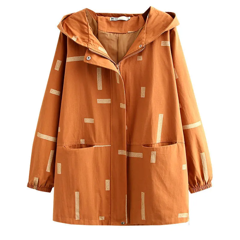 

Spring Autumn New Korea Fashion Women Loose Trench All-matched Casual Cotton Print Hooded Long Coats Size 4XL High Quality V392