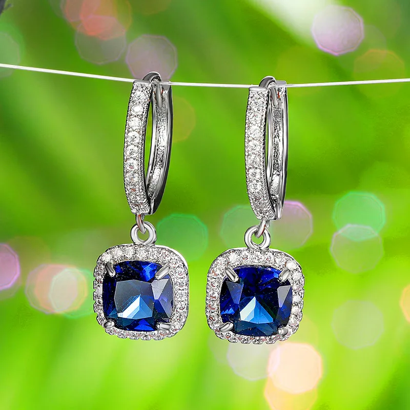 Fashion Female Pink Blue Zircon Stone Earrings Elegant Square Hoop Earrings For Women 925 Sterling Silver Wedding Earrings