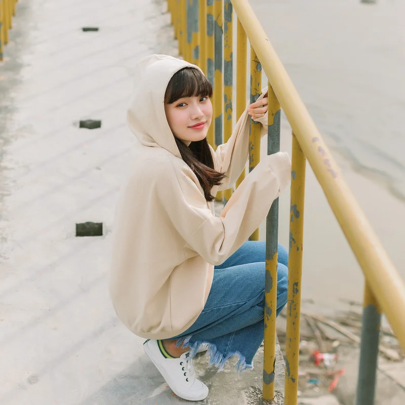 

Fashion Bat Sleeve Hooded Sweatshirt Women Autumn and Winter Casual Plus Velvet Solid Color Loose Pullover Harajuku Hip Hop Top