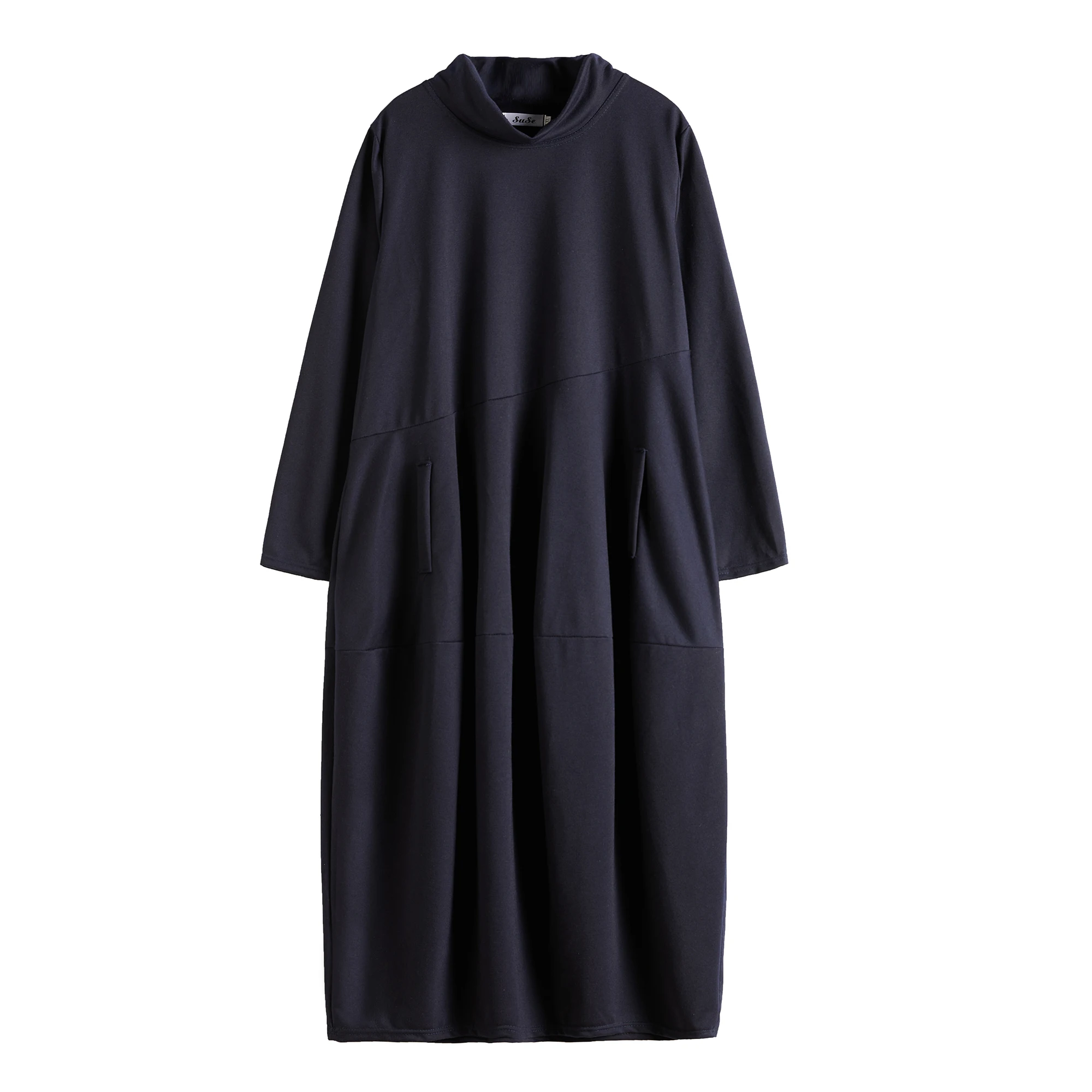 

2020 Autumn and Winter New Artistic Retro Half-High Collar Long Sleeves Dress Loose Casual Patchwork Long Lantern Dress Women